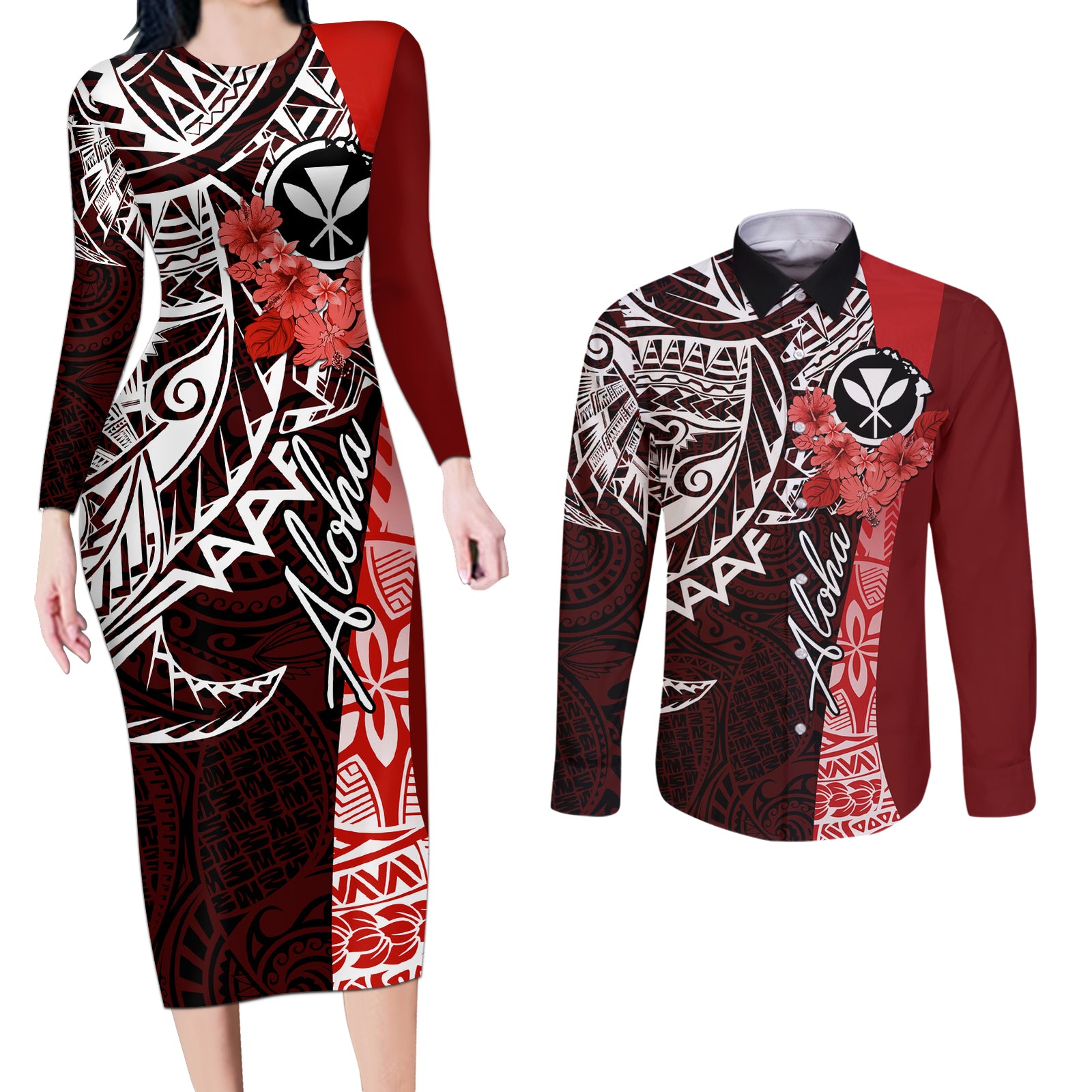 Aloha Vintage Hawaii Tribal Couples Matching Long Sleeve Bodycon Dress and Long Sleeve Button Shirt Red Style LT9 Red - Polynesian Pride