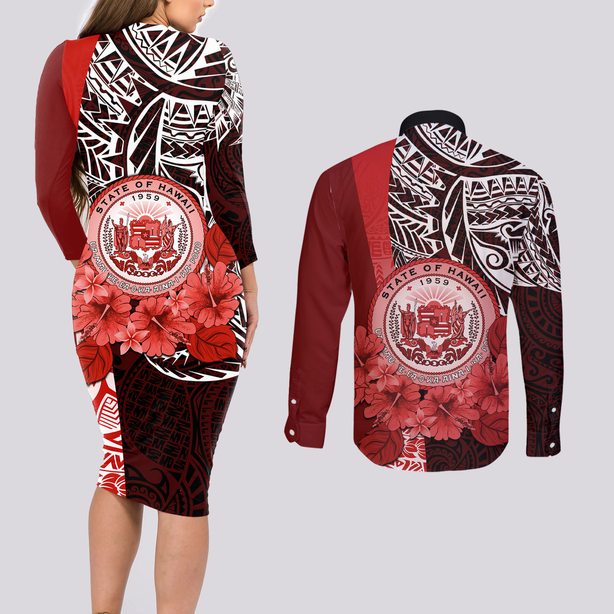 Aloha Vintage Hawaii Tribal Couples Matching Long Sleeve Bodycon Dress and Long Sleeve Button Shirt Red Style LT9 - Polynesian Pride
