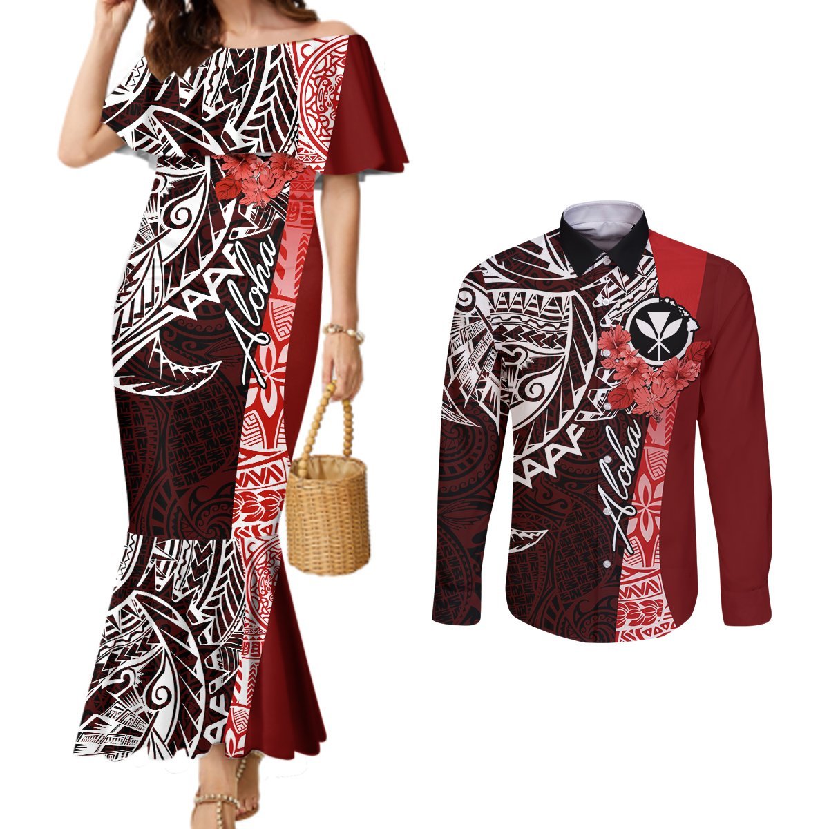 Aloha Vintage Hawaii Tribal Couples Matching Mermaid Dress and Long Sleeve Button Shirt Red Style LT9 Red - Polynesian Pride
