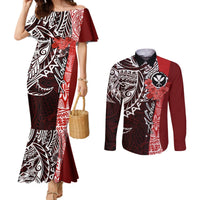 Aloha Vintage Hawaii Tribal Couples Matching Mermaid Dress and Long Sleeve Button Shirt Red Style LT9 Red - Polynesian Pride