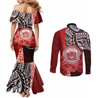Aloha Vintage Hawaii Tribal Couples Matching Mermaid Dress and Long Sleeve Button Shirt Red Style LT9 - Polynesian Pride