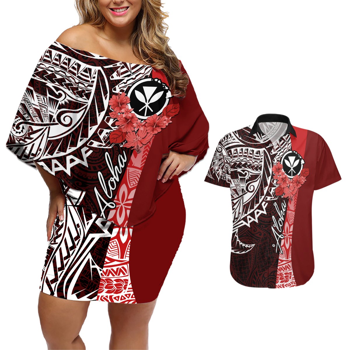 Aloha Vintage Hawaii Tribal Couples Matching Off Shoulder Short Dress and Hawaiian Shirt Red Style LT9 Red - Polynesian Pride