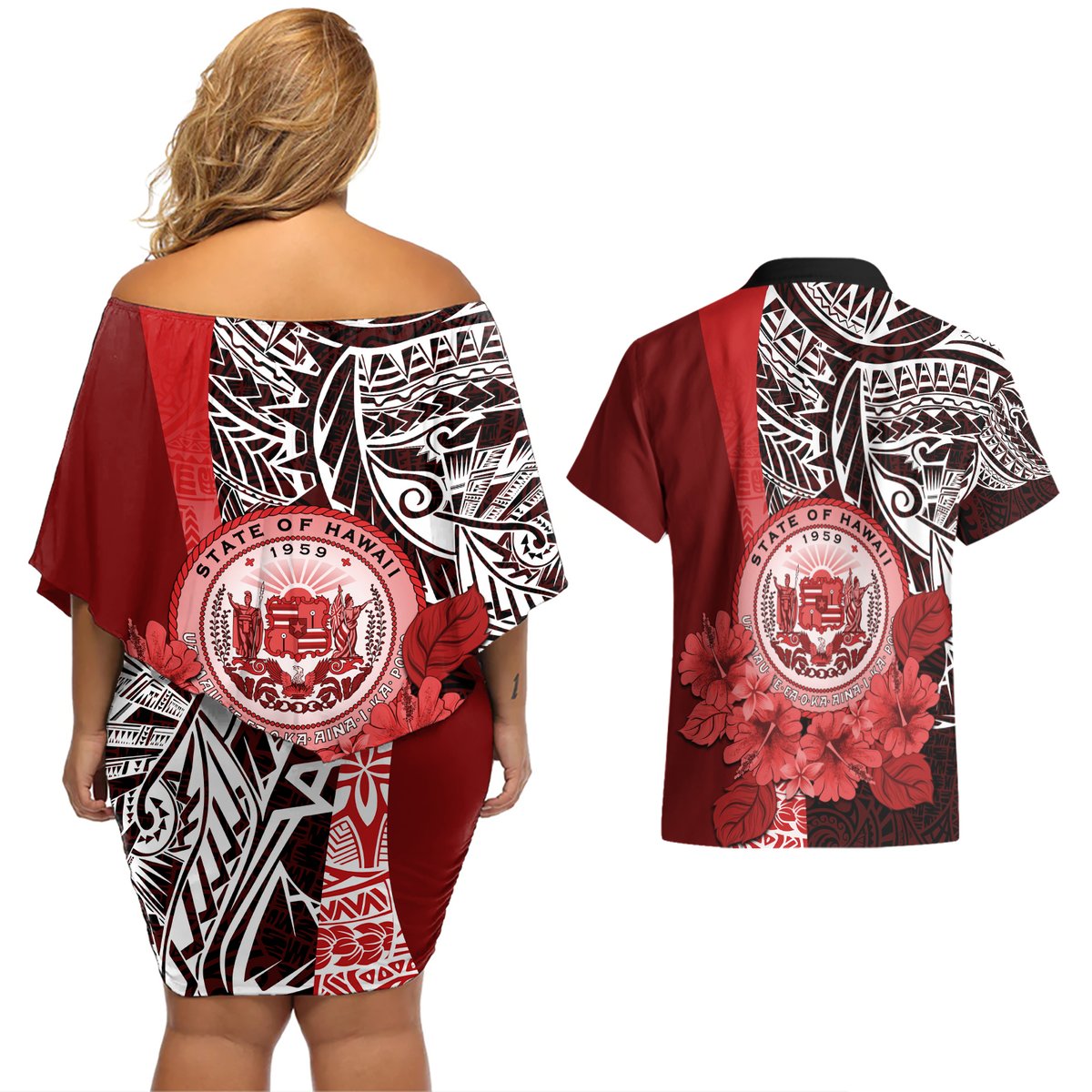Aloha Vintage Hawaii Tribal Couples Matching Off Shoulder Short Dress and Hawaiian Shirt Red Style LT9 - Polynesian Pride