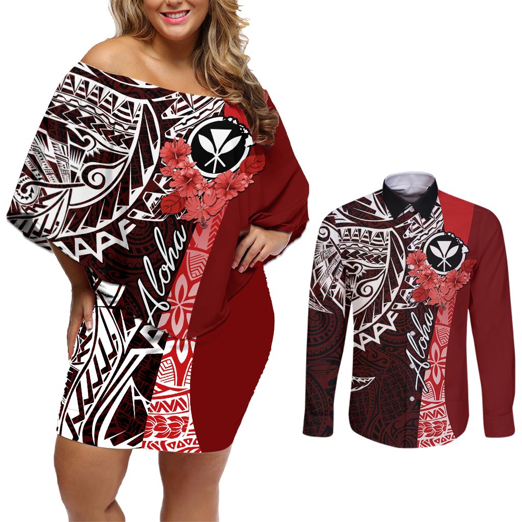 Aloha Vintage Hawaii Tribal Couples Matching Off Shoulder Short Dress and Long Sleeve Button Shirt Red Style LT9 Red - Polynesian Pride