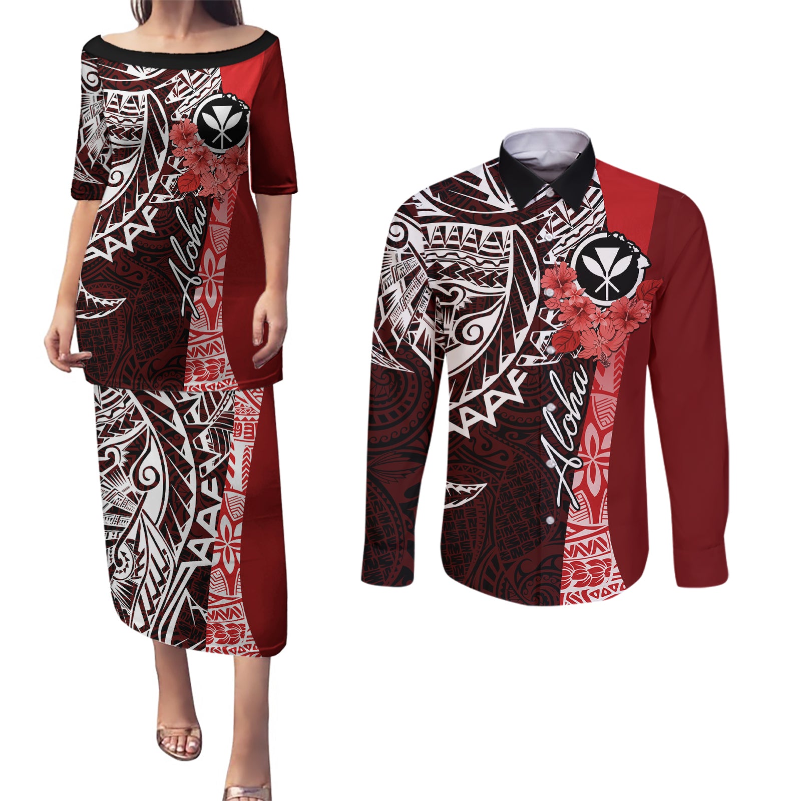 Aloha Vintage Hawaii Tribal Couples Matching Puletasi Dress and Long Sleeve Button Shirt Red Style LT9 Red - Polynesian Pride
