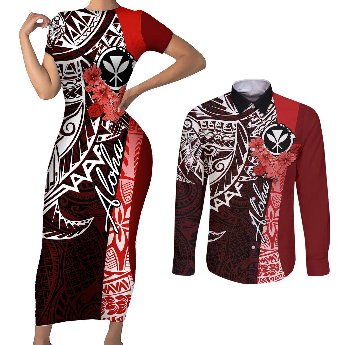 Aloha Vintage Hawaii Tribal Couples Matching Short Sleeve Bodycon Dress and Long Sleeve Button Shirt Red Style LT9 Red - Polynesian Pride