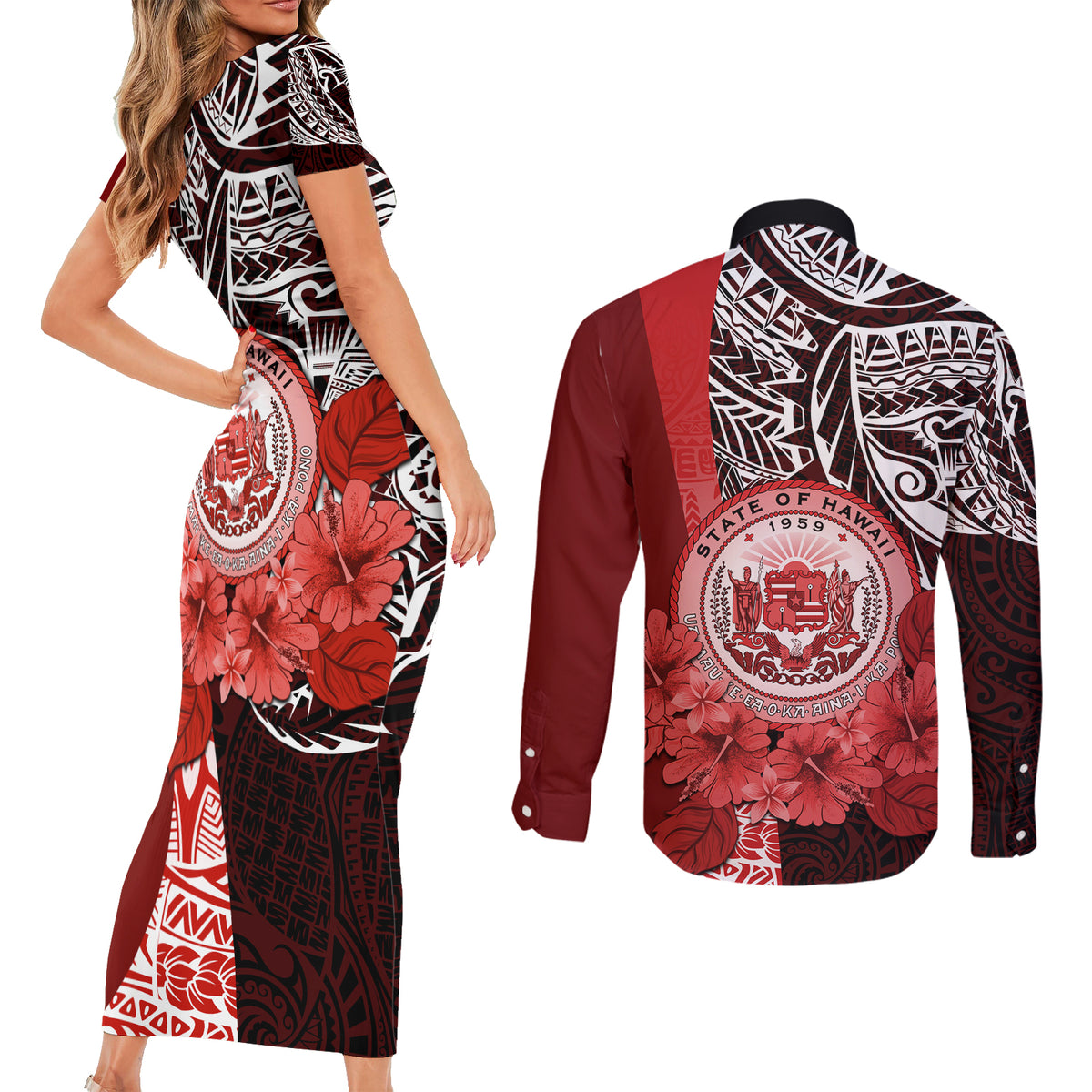 Aloha Vintage Hawaii Tribal Couples Matching Short Sleeve Bodycon Dress and Long Sleeve Button Shirt Red Style LT9 - Polynesian Pride