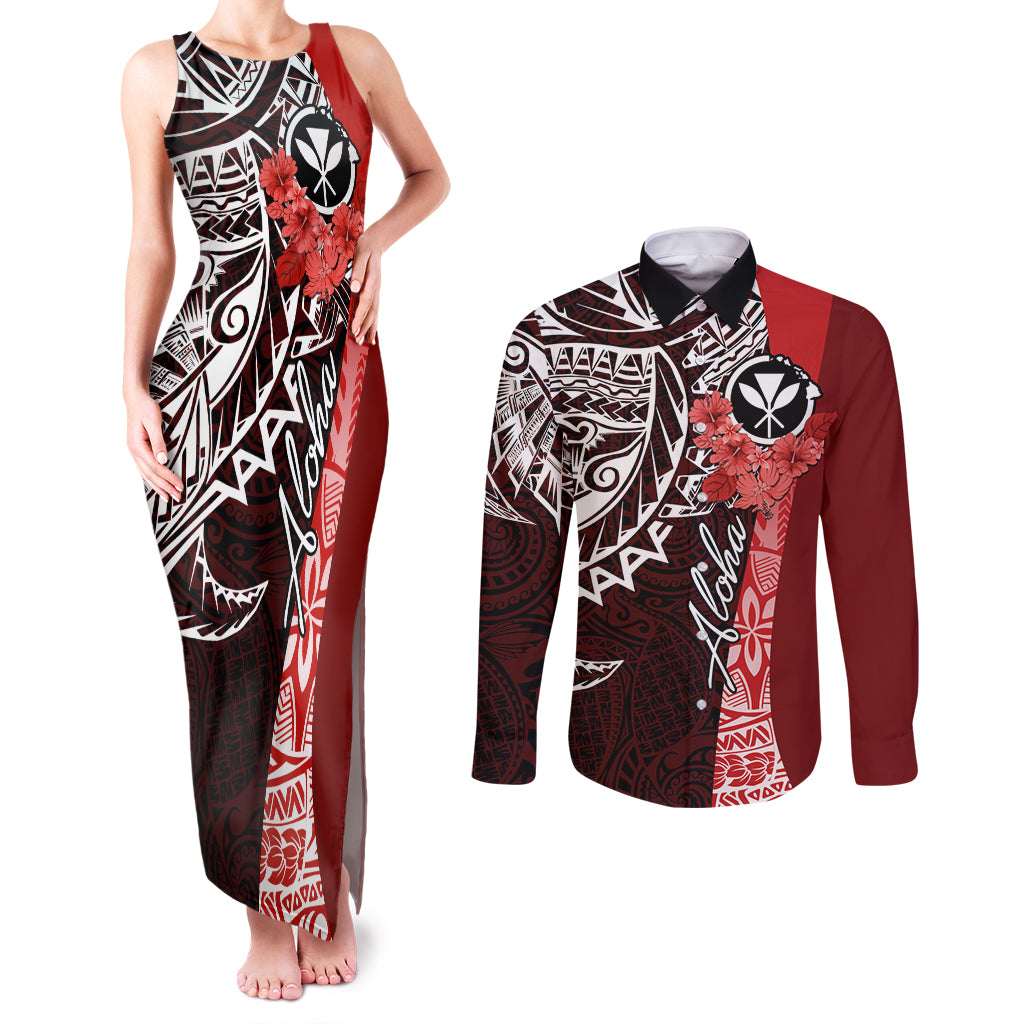 Aloha Vintage Hawaii Tribal Couples Matching Tank Maxi Dress and Long Sleeve Button Shirt Red Style LT9 Red - Polynesian Pride