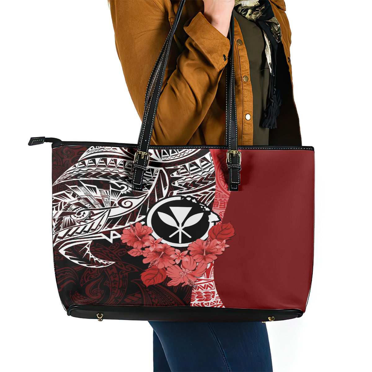 Aloha Vintage Hawaii Tribal Leather Tote Bag Red Style LT9 - Polynesian Pride