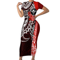 Aloha Vintage Hawaii Tribal Short Sleeve Bodycon Dress Red Style LT9 Long Dress Red - Polynesian Pride