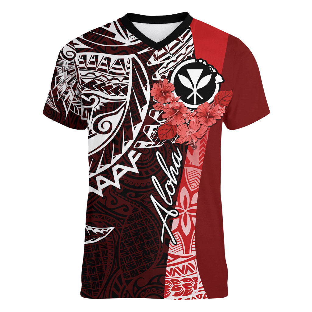 Aloha Vintage Hawaii Tribal Women V Neck T Shirt Red Style LT9 Female Red - Polynesian Pride