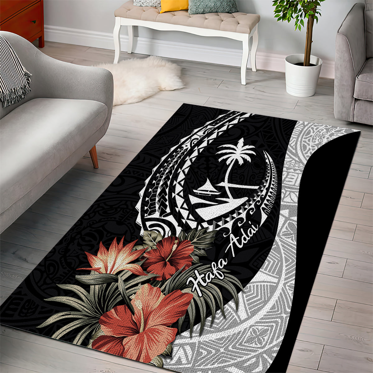 Hafa Adai Guam Area Rug Tropical Flowers with Polynesian Pattern LT9 - Polynesian Pride
