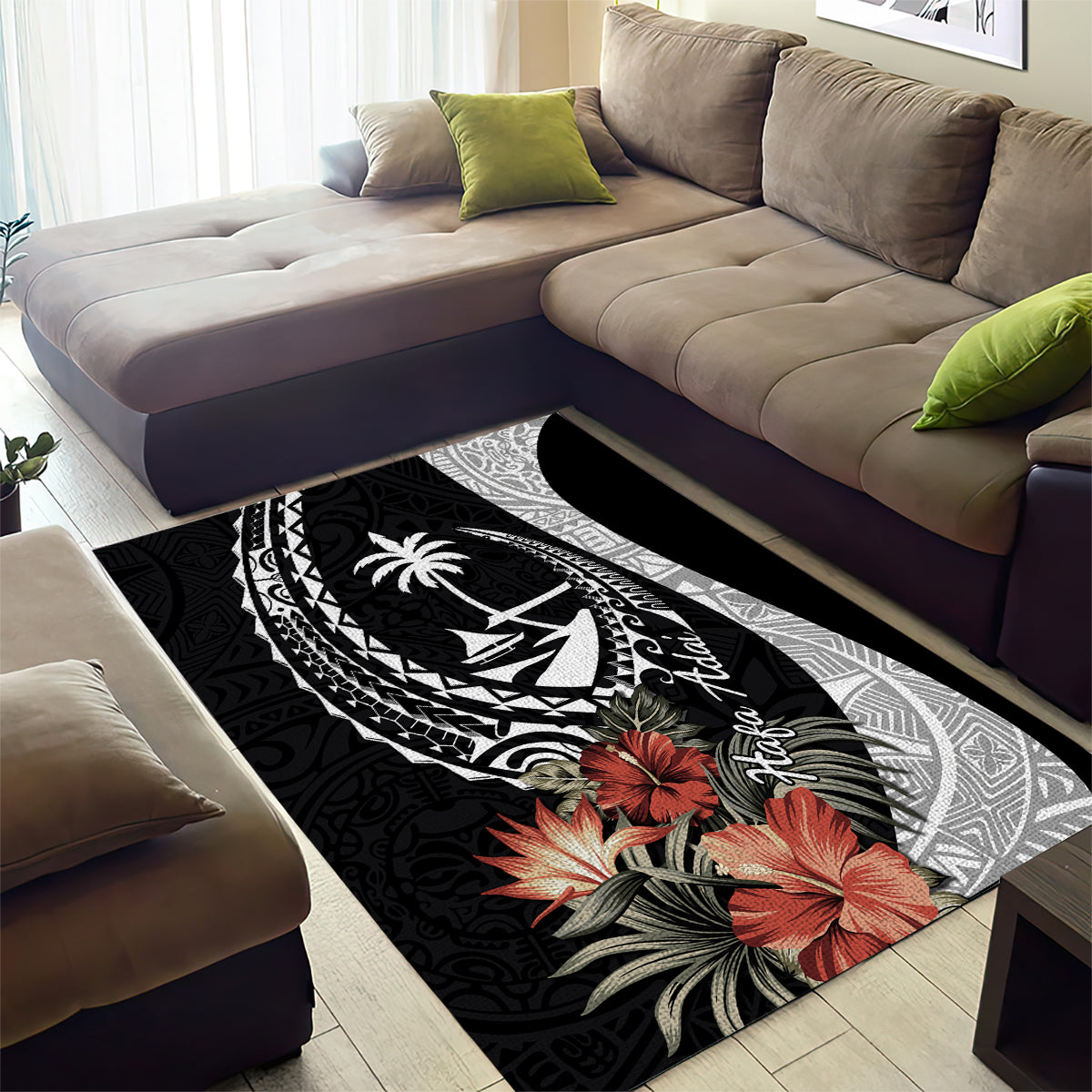 Hafa Adai Guam Area Rug Tropical Flowers with Polynesian Pattern LT9 - Polynesian Pride