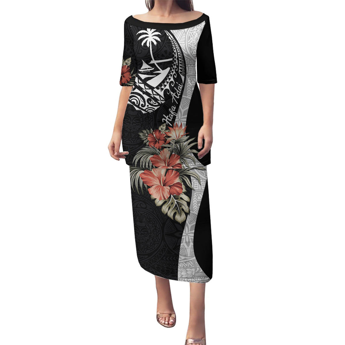 Hafa Adai Guam Family Matching Puletasi Dress and Hawaiian Shirt Tropical Flowers with Polynesian Pattern LT9 Mom's Dress Black - Polynesian Pride