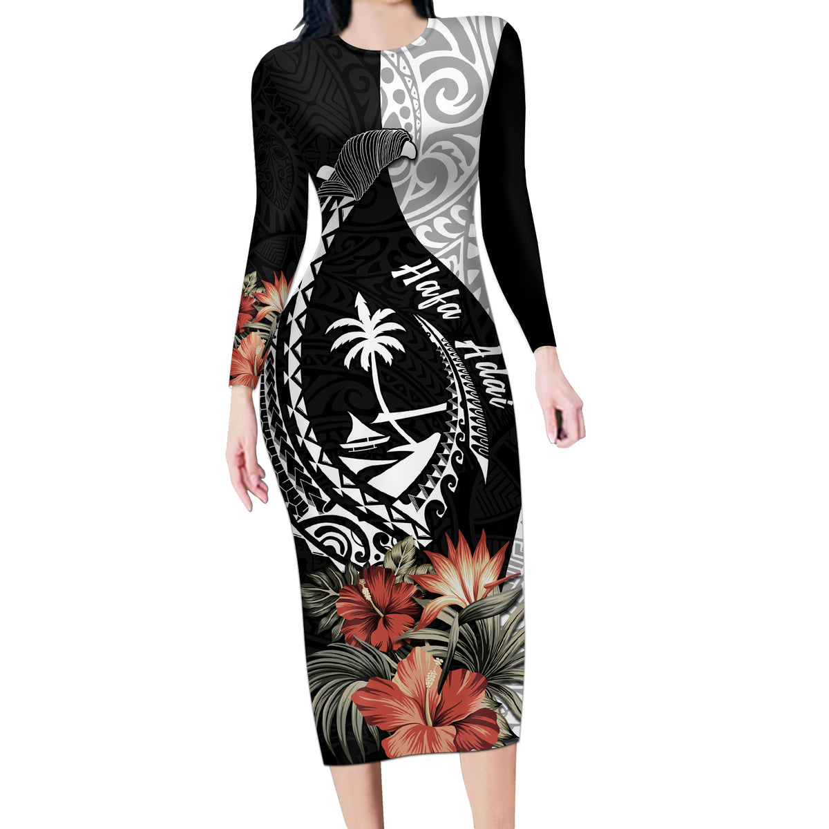 Hafa Adai Guam Long Sleeve Bodycon Dress Tropical Flowers with Polynesian Pattern LT9 Long Dress Black - Polynesian Pride