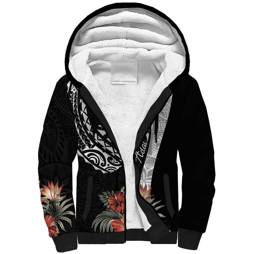 Hafa Adai Guam Sherpa Hoodie Tropical Flowers with Polynesian Pattern LT9 Unisex Black - Polynesian Pride