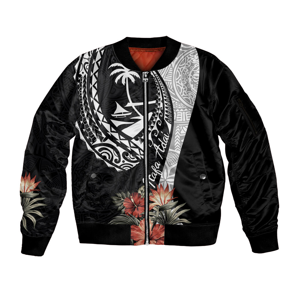 Hafa Adai Guam Sleeve Zip Bomber Jacket Tropical Flowers with Polynesian Pattern LT9 Unisex Black - Polynesian Pride