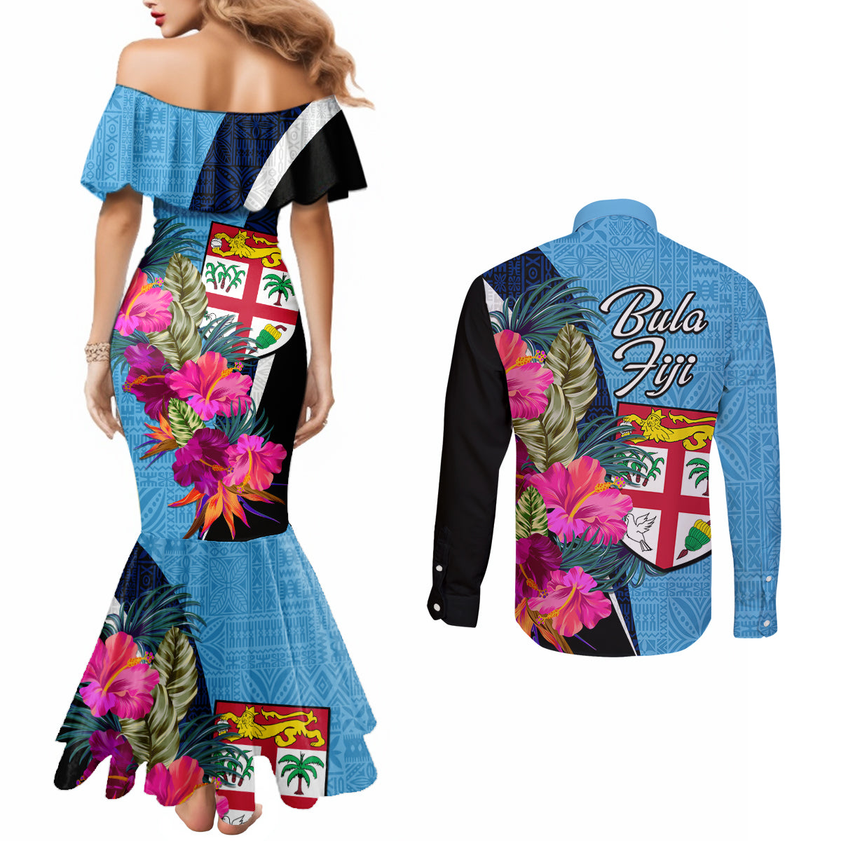 Bula Fiji Vintage Fijian Masi Pattern Couples Matching Mermaid Dress and Long Sleeve Button Shirt Blue Unique LT9 - Polynesian Pride