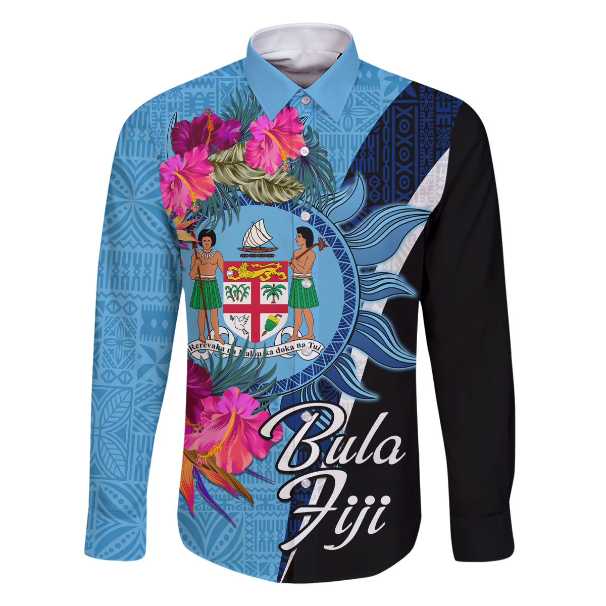 Bula Fiji Vintage Fijian Masi Pattern Family Matching Off Shoulder Long Sleeve Dress and Hawaiian Shirt Blue Unique LT9 Dad's Shirt - Long Sleeve Blue - Polynesian Pride
