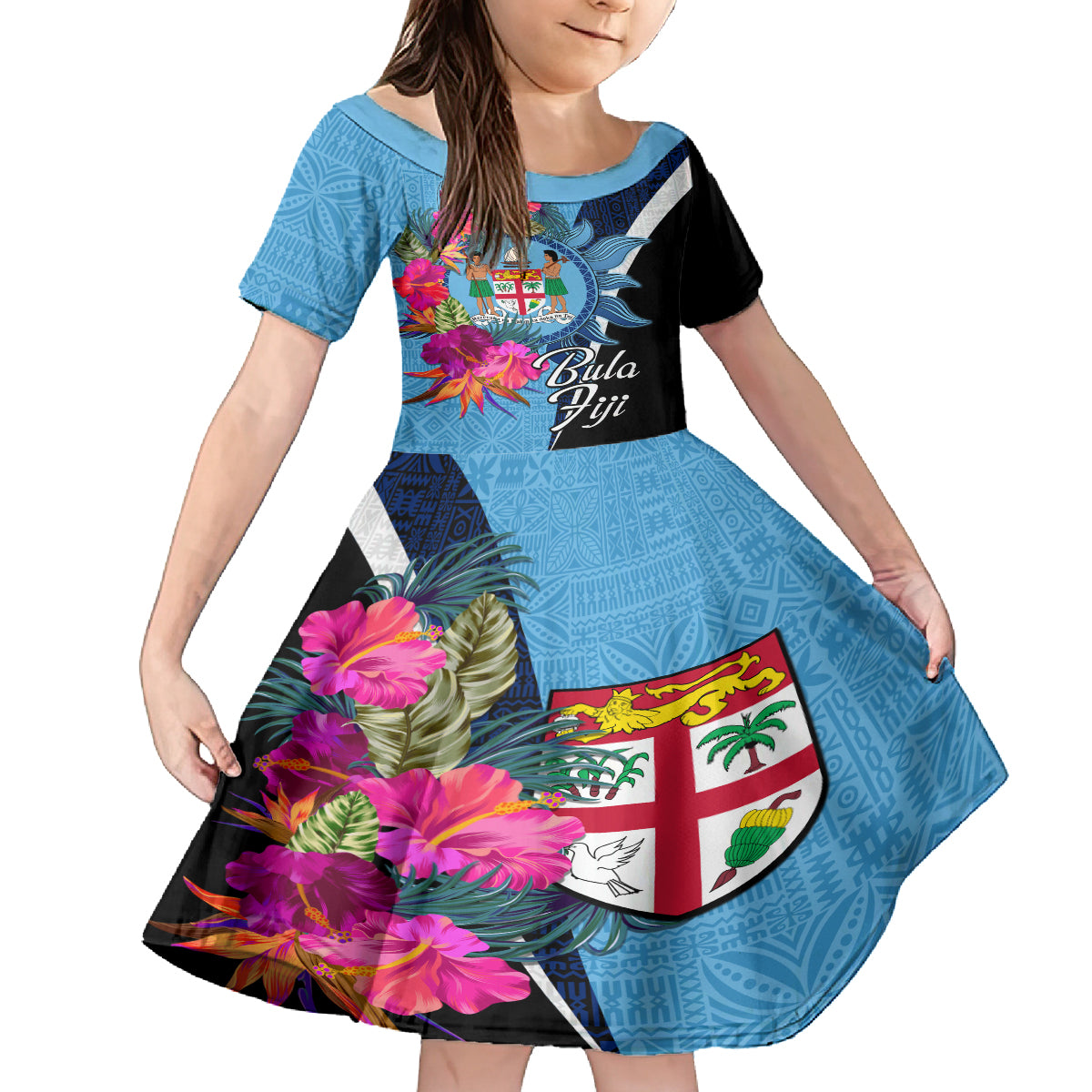 Bula Fiji Vintage Fijian Masi Pattern Family Matching Off Shoulder Maxi Dress and Hawaiian Shirt Blue Unique LT9 Daughter's Dress Blue - Polynesian Pride