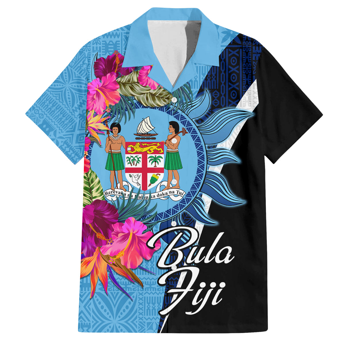 Bula Fiji Vintage Fijian Masi Pattern Family Matching Off Shoulder Maxi Dress and Hawaiian Shirt Blue Unique LT9 Dad's Shirt - Short Sleeve Blue - Polynesian Pride
