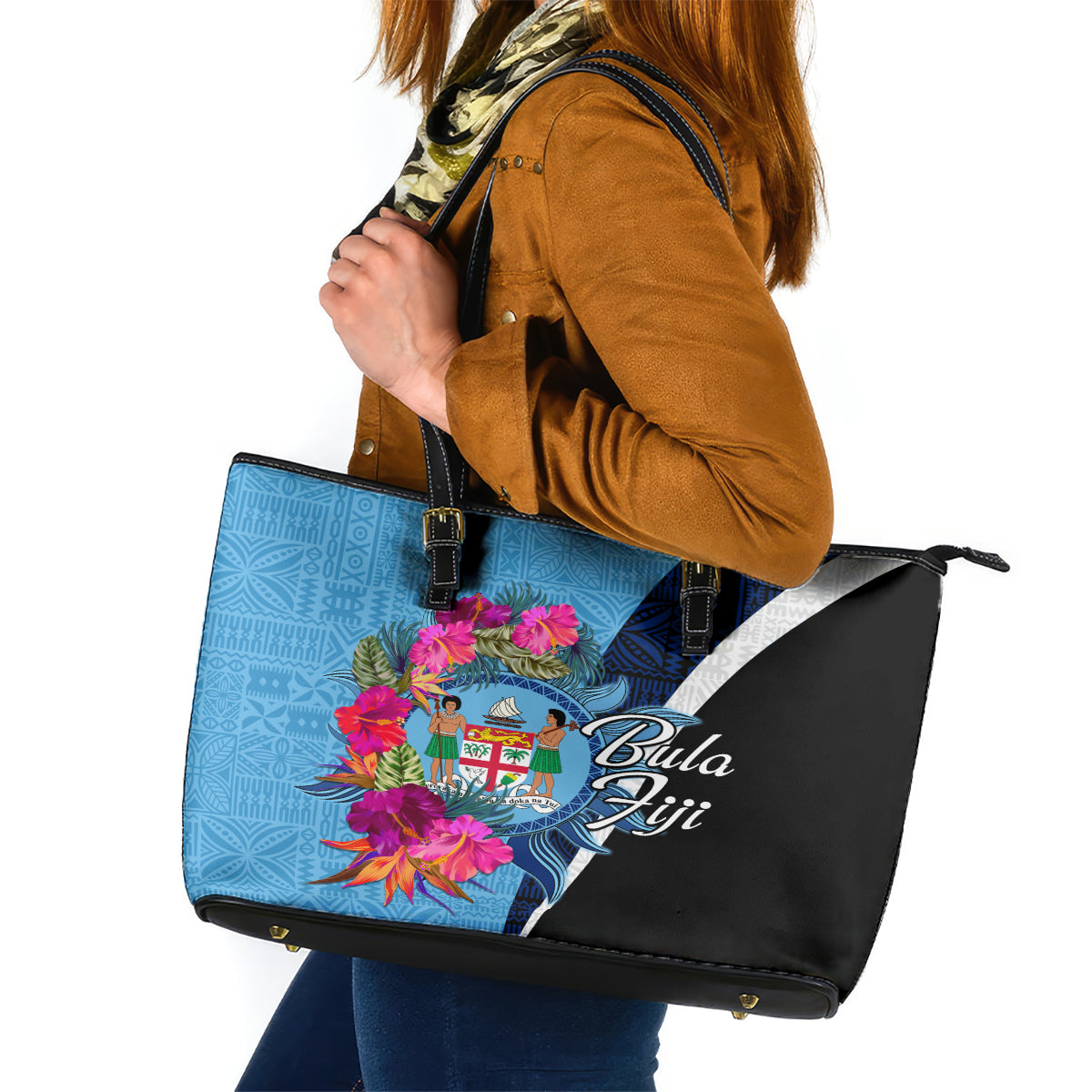 Bula Fiji Vintage Fijian Masi Pattern Leather Tote Bag Blue Unique LT9 Blue - Polynesian Pride