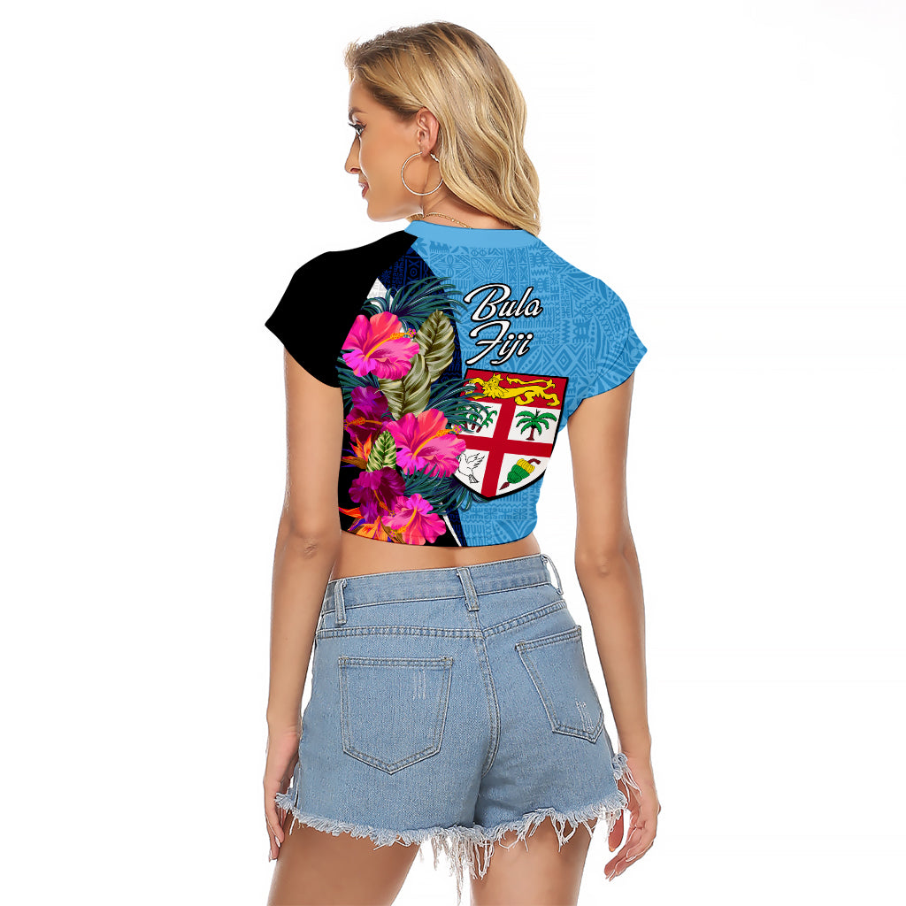 Bula Fiji Vintage Fijian Masi Pattern Raglan Cropped T Shirt Blue Unique LT9 - Polynesian Pride