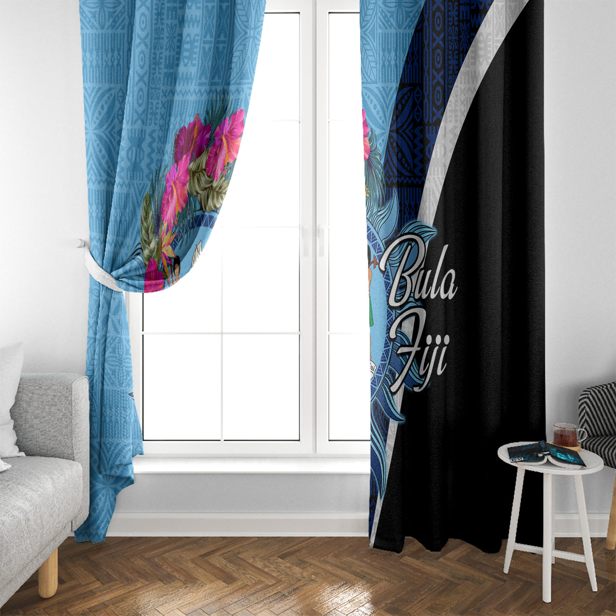 Bula Fiji Vintage Fijian Masi Pattern Window Curtain Blue Unique LT9 - Polynesian Pride