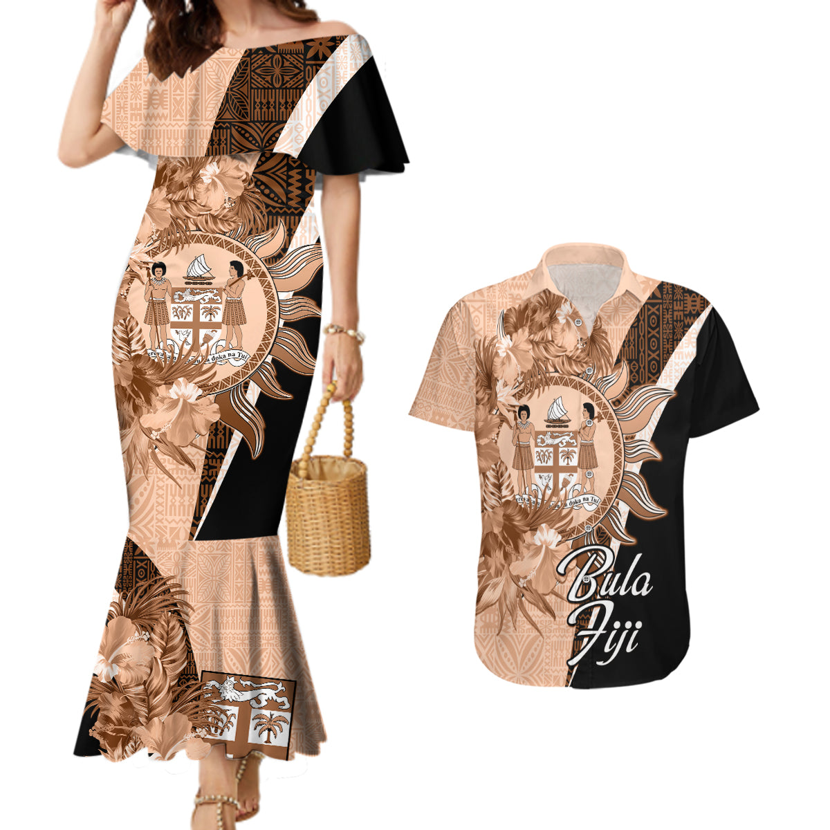 Bula Fiji Vintage Fijian Masi Pattern Couples Matching Mermaid Dress and Hawaiian Shirt Peach Fuzz Unique LT9 Peach Fuzz - Polynesian Pride