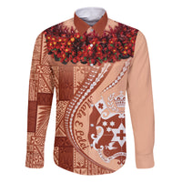 Vintage Tonga Kahoa Heilala Flower Family Matching Long Sleeve Bodycon Dress and Hawaiian Shirt LT9 Dad's Shirt - Long Sleeve Peach Fuzz - Polynesian Pride