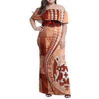 Vintage Tonga Kahoa Heilala Flower Family Matching Off Shoulder Maxi Dress and Hawaiian Shirt LT9 Mom's Dress Peach Fuzz - Polynesian Pride