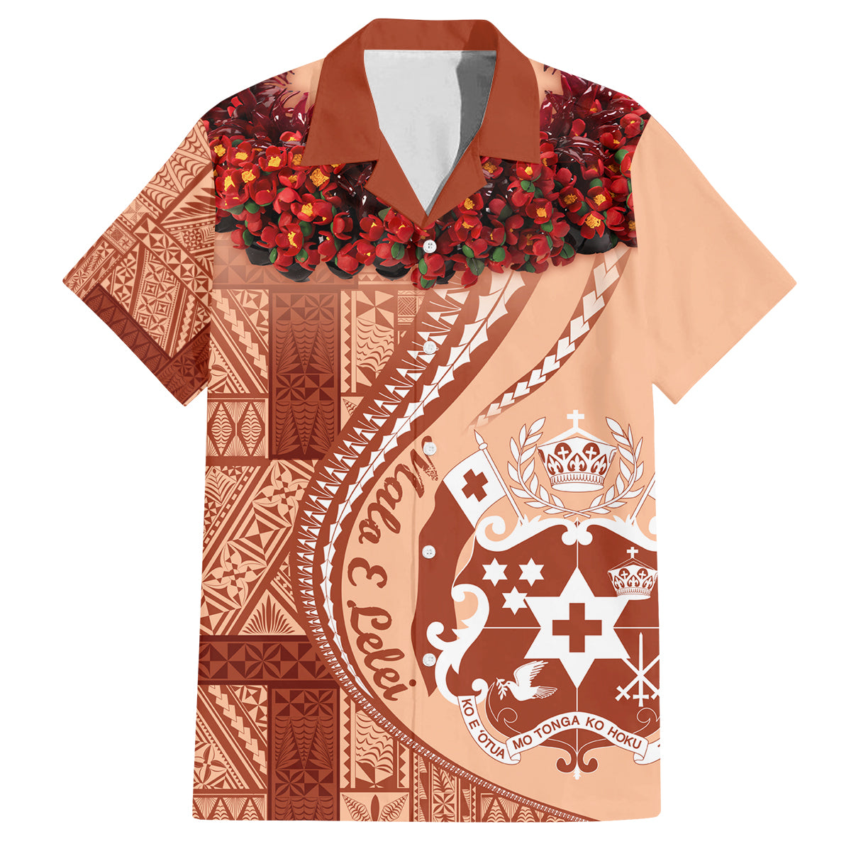 Vintage Tonga Kahoa Heilala Flower Family Matching Off Shoulder Short Dress and Hawaiian Shirt LT9 Dad's Shirt - Short Sleeve Peach Fuzz - Polynesian Pride