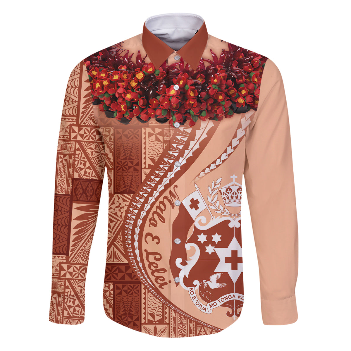 Vintage Tonga Kahoa Heilala Flower Family Matching Puletasi Dress and Hawaiian Shirt LT9 Dad's Shirt - Long Sleeve Peach Fuzz - Polynesian Pride
