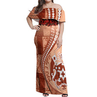 Vintage Tonga Kahoa Heilala Flower Off Shoulder Maxi Dress LT9 Women Peach Fuzz - Polynesian Pride