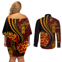 Vintage Tonga Malo E Lelei Ngatu Pattern Couples Matching Off Shoulder Short Dress and Long Sleeve Button Shirt LT9 - Polynesian Pride
