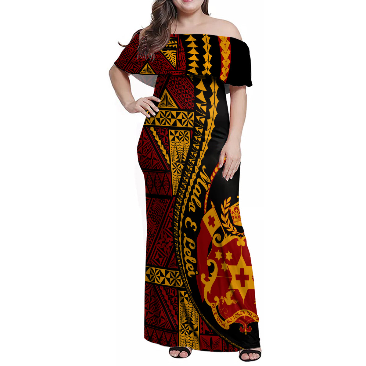 Vintage Tonga Malo E Lelei Ngatu Pattern Family Matching Off Shoulder Maxi Dress and Hawaiian Shirt LT9 Mom's Dress Red - Polynesian Pride