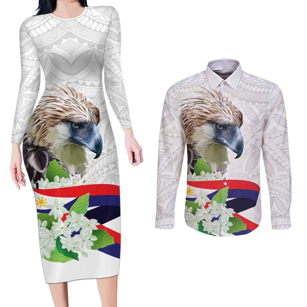 Philippines Eagle and Sampaguita Flowers Couples Matching Long Sleeve Bodycon Dress and Long Sleeve Button Shirt Polynesian Pattern