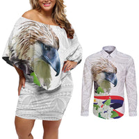 Philippines Eagle and Sampaguita Flowers Couples Matching Off Shoulder Short Dress and Long Sleeve Button Shirt Polynesian Pattern