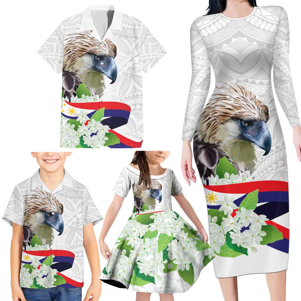 Philippines Eagle and Sampaguita Flowers Family Matching Long Sleeve Bodycon Dress and Hawaiian Shirt Polynesian Pattern