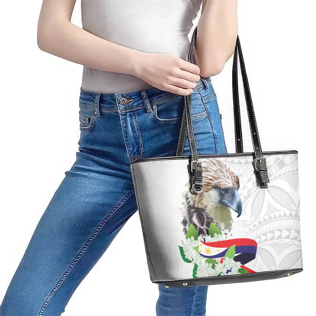 Philippines Eagle and Sampaguita Flowers Leather Tote Bag Polynesian Pattern