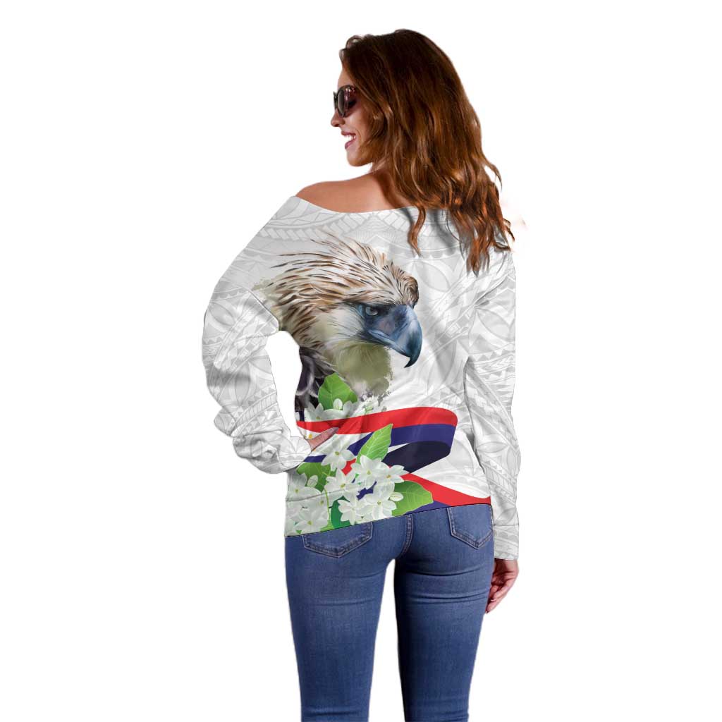 Philippines Eagle and Sampaguita Flowers Off Shoulder Sweater Polynesian Pattern