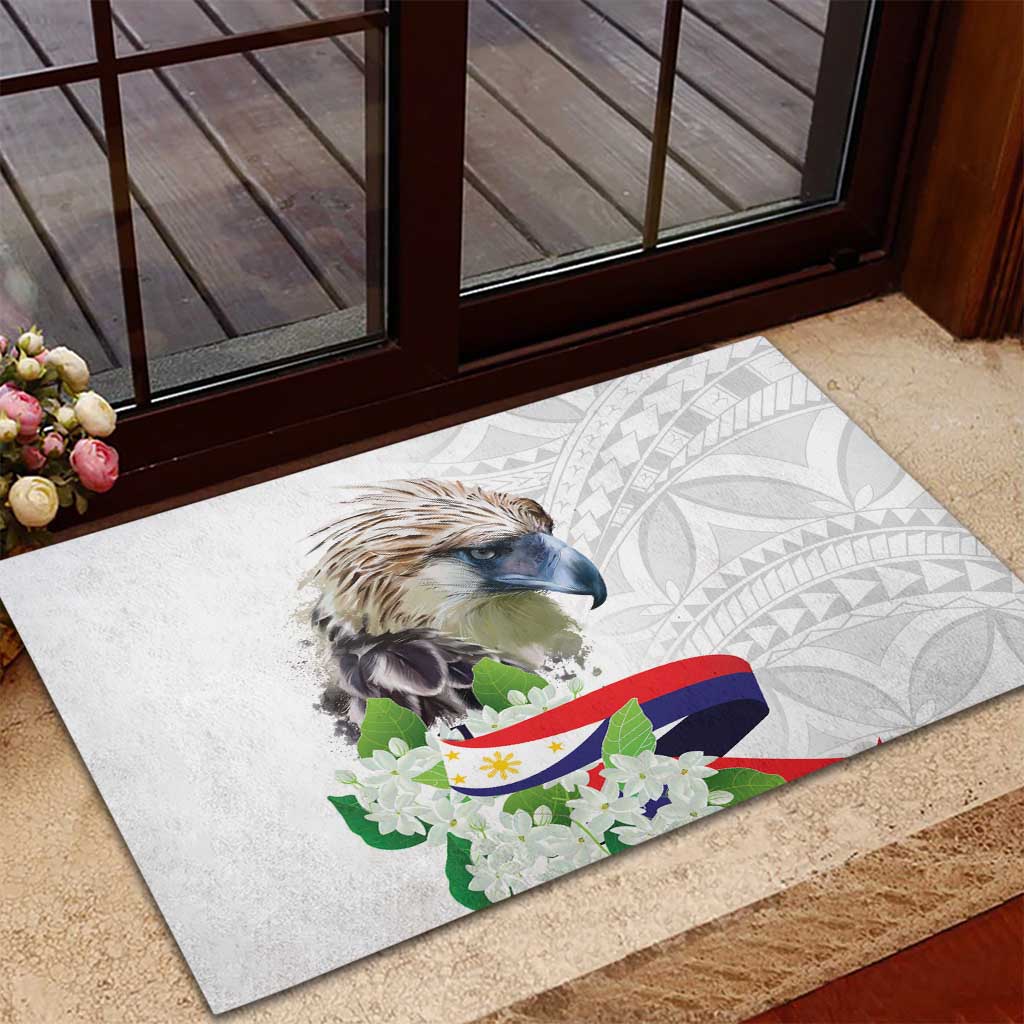 Philippines Eagle and Sampaguita Flowers Rubber Doormat Polynesian Pattern