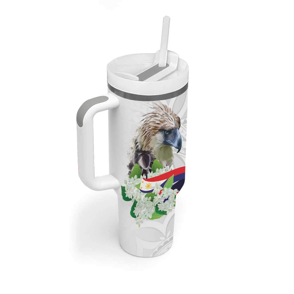 Philippines Eagle and Sampaguita Flowers Tumbler With Handle Polynesian Pattern LT9