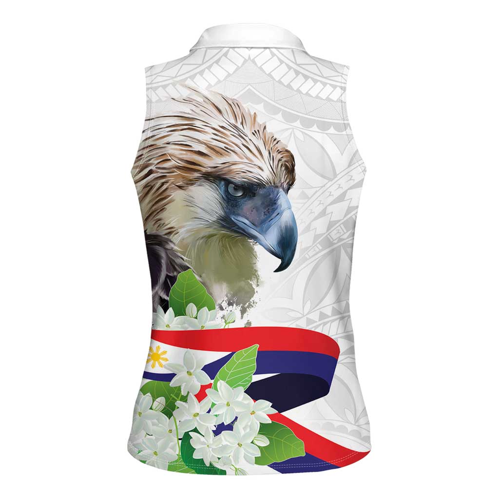 Philippines Eagle and Sampaguita Flowers Women Sleeveless Polo Shirt Polynesian Pattern