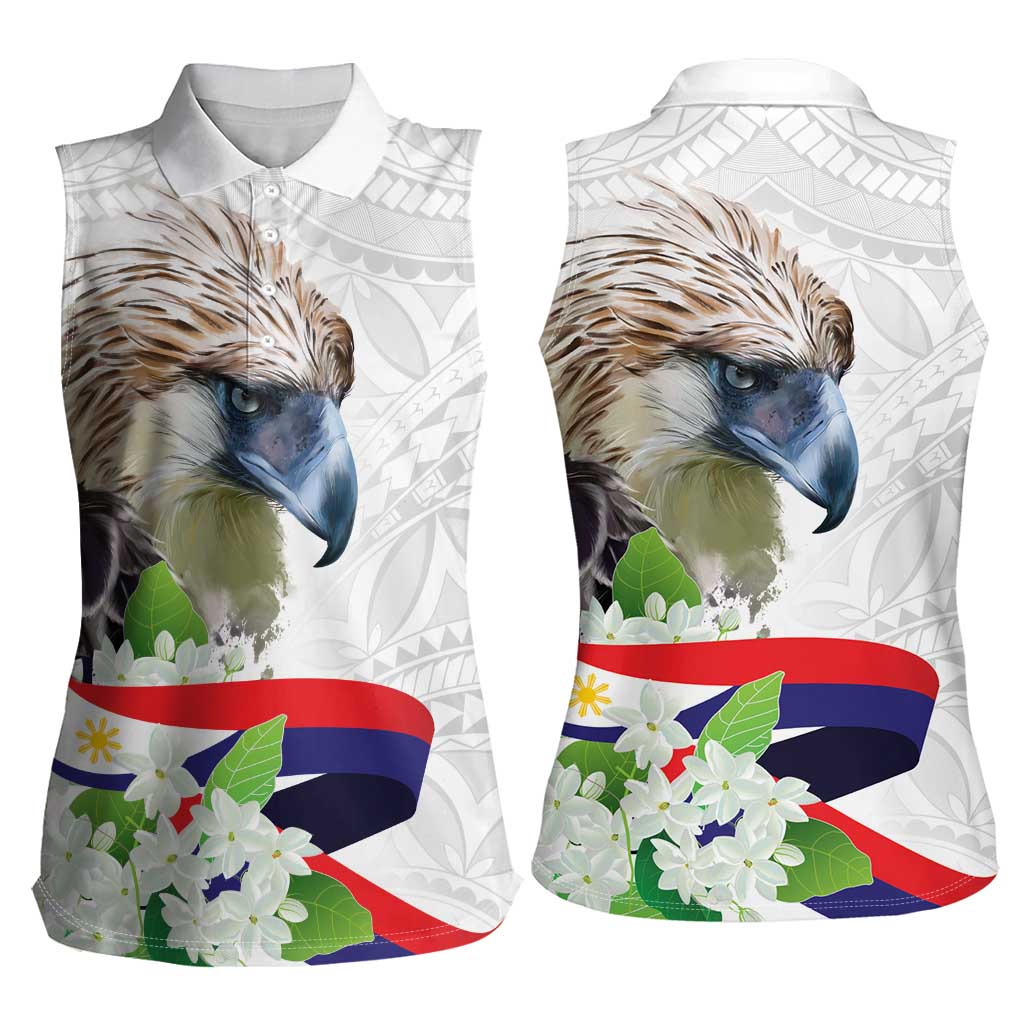 Philippines Eagle and Sampaguita Flowers Women Sleeveless Polo Shirt Polynesian Pattern
