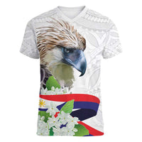 Philippines Eagle and Sampaguita Flowers Women V-Neck T-Shirt Polynesian Pattern