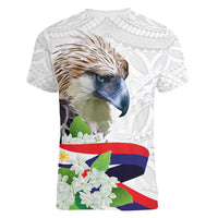 Philippines Eagle and Sampaguita Flowers Women V-Neck T-Shirt Polynesian Pattern