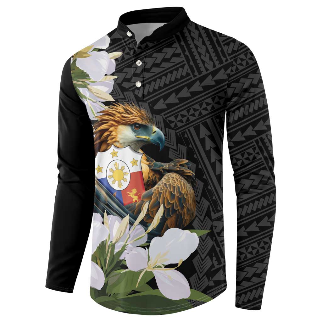 Philippines Eagle with Coat Of Arm Button Sweatshirt Simple Sampaguita Jasmine