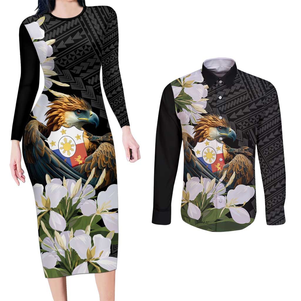 Philippines Eagle with Coat Of Arm Couples Matching Long Sleeve Bodycon Dress and Long Sleeve Button Shirt Simple Sampaguita Jasmine