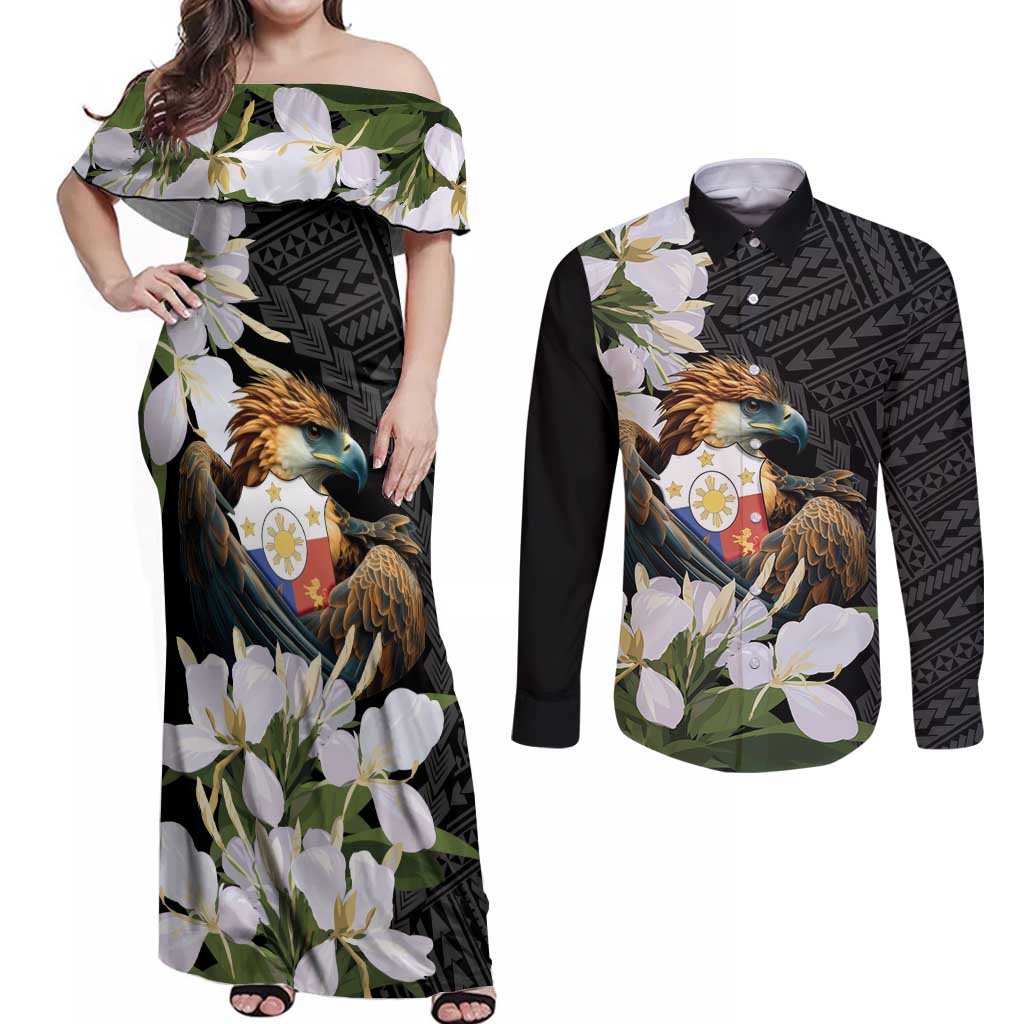 Philippines Eagle with Coat Of Arm Couples Matching Off Shoulder Maxi Dress and Long Sleeve Button Shirt Simple Sampaguita Jasmine